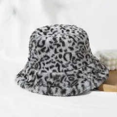 Women's Printed Leopard Print Fisherman Warm And Thick Plush Hat - Grey Leopard Print - View 1