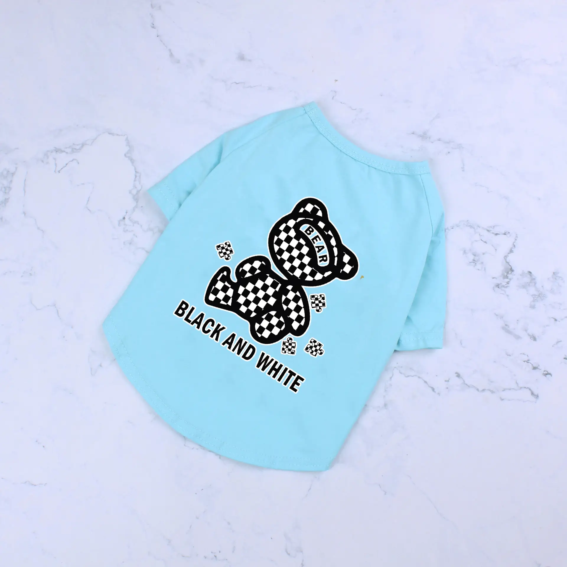 Cotton Short Sleeve Black And White Plaid Bear
