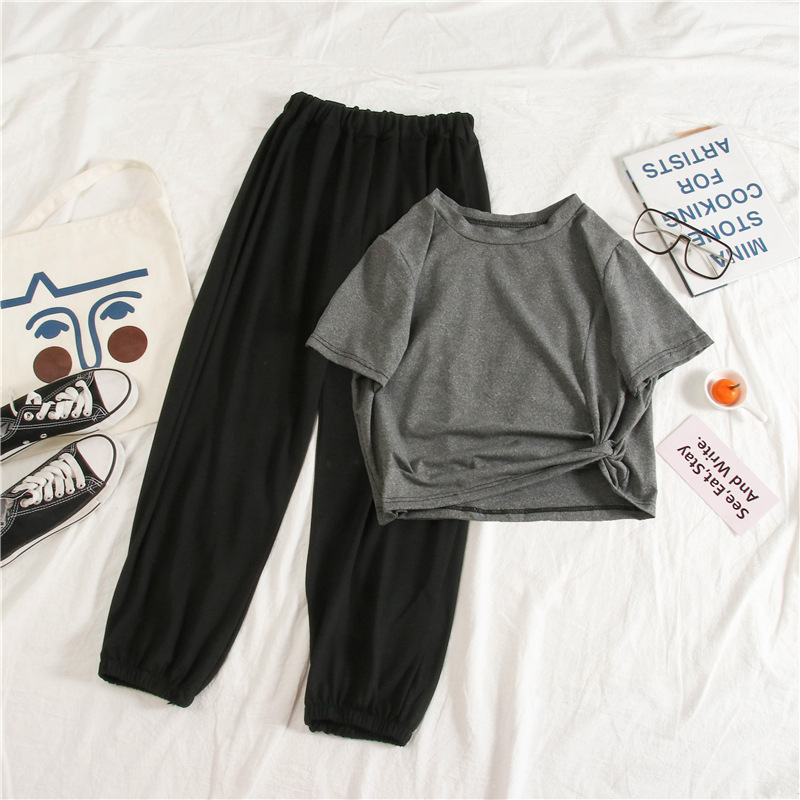 Women's Short-sleeved Nine-point Wide-leg Pants Two-piece Suit