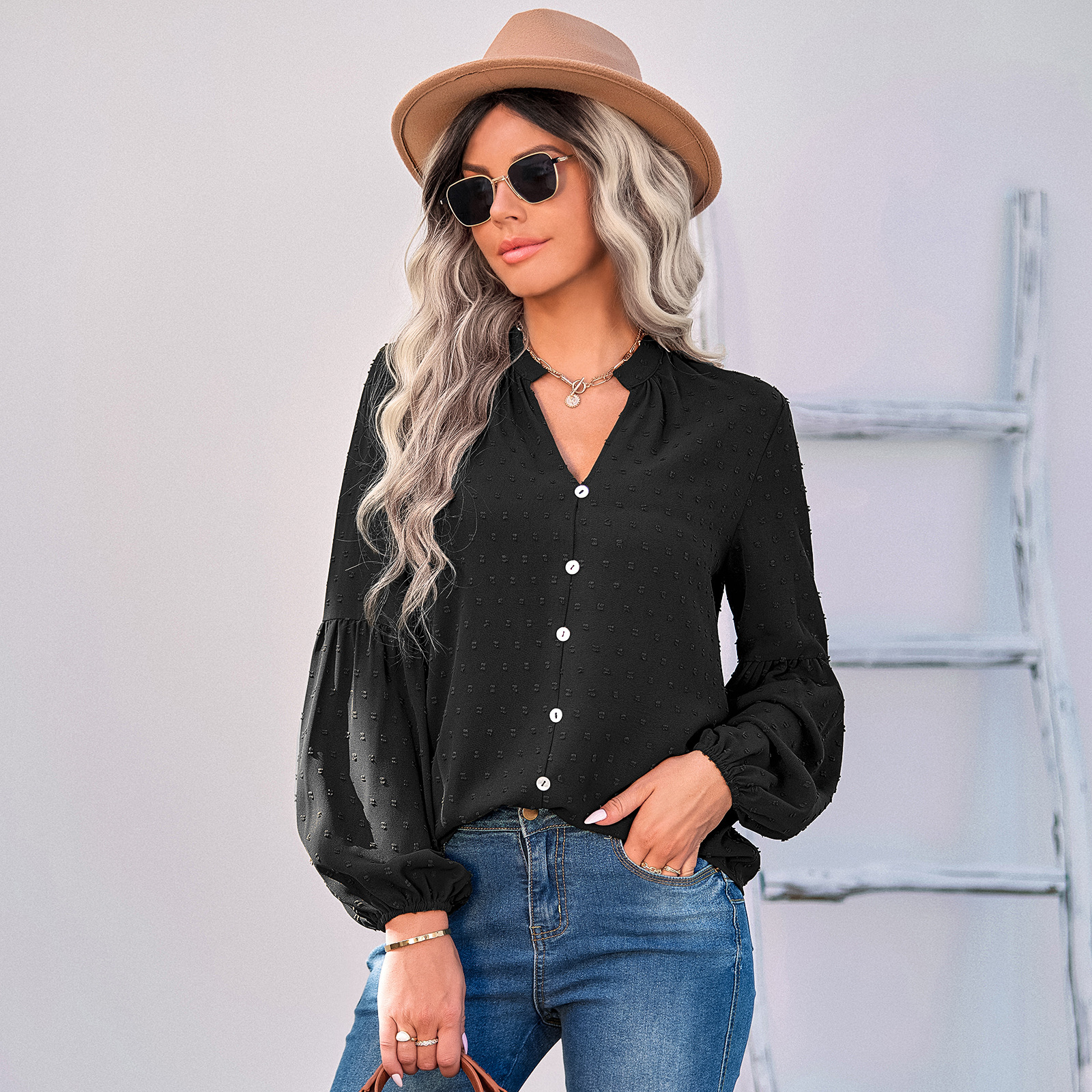 Women's Fashion Pullover Fashion Swiss Polka Dot V-Neck Shirt