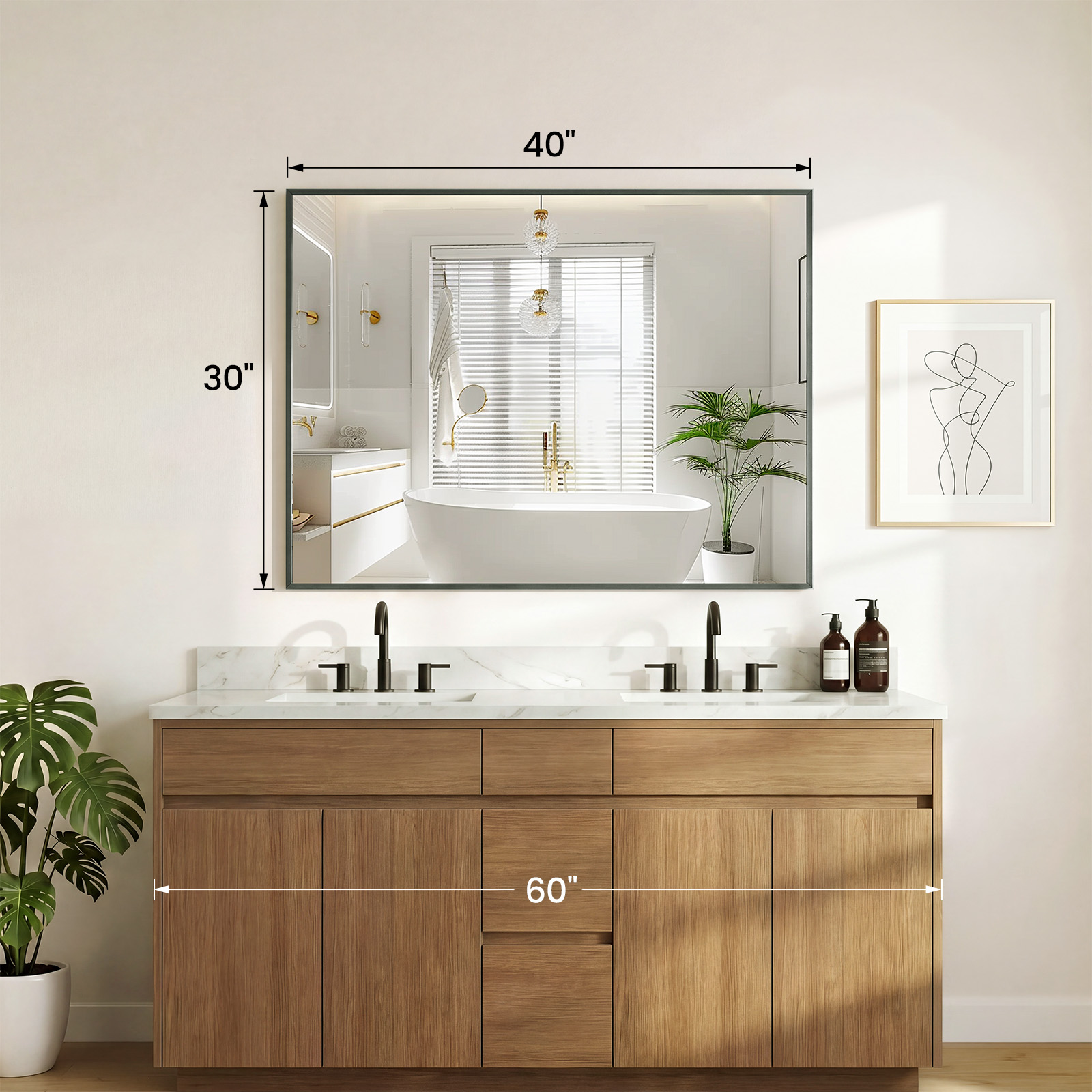 Above The Countertop, There Is A Rectangular Wall-mounted Bathroom Mirror With A Metal Frame And Made Of Tempered Glass. image 14