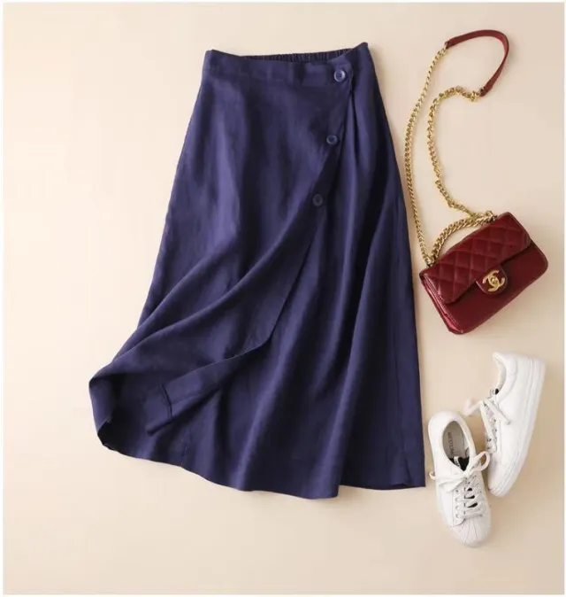 Women's New Casual Cotton Linen Medium Long Elastic Waist Skirt Blue - Shop at LoveMi