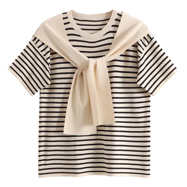 Female Niche Knitwear Striped Fake Two piece Top Ice Silk T shirt Apricot - Shop at LoveMi