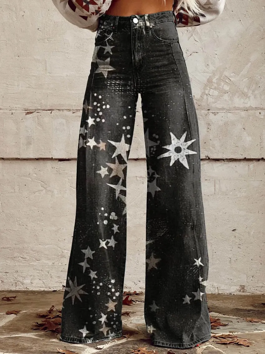 Pantalon femme rétro à imprimé étoiles et jambes larges – style 2, XL