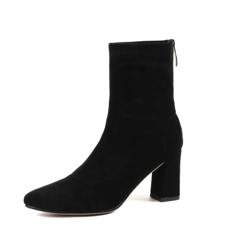 Women's Ankle Winter High-heeled Mid-tube Pointed Toe Thick-heeled Martin Boots - Black