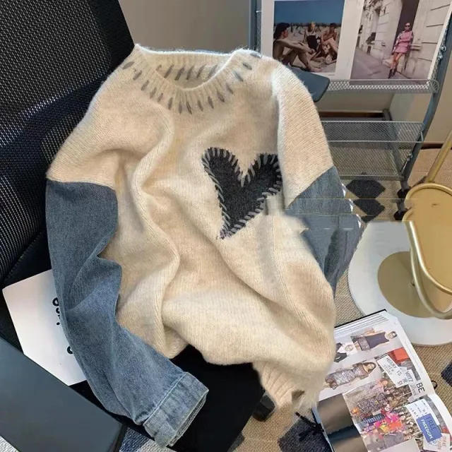 Spliced Denim Sweater Tops Women Loose Lazy Wind - Shop at LoveMi