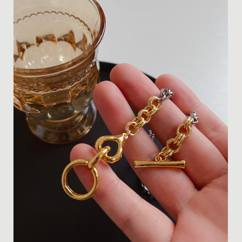 Two-tone Stitching Thick Chain Necklace Ot Buckle
