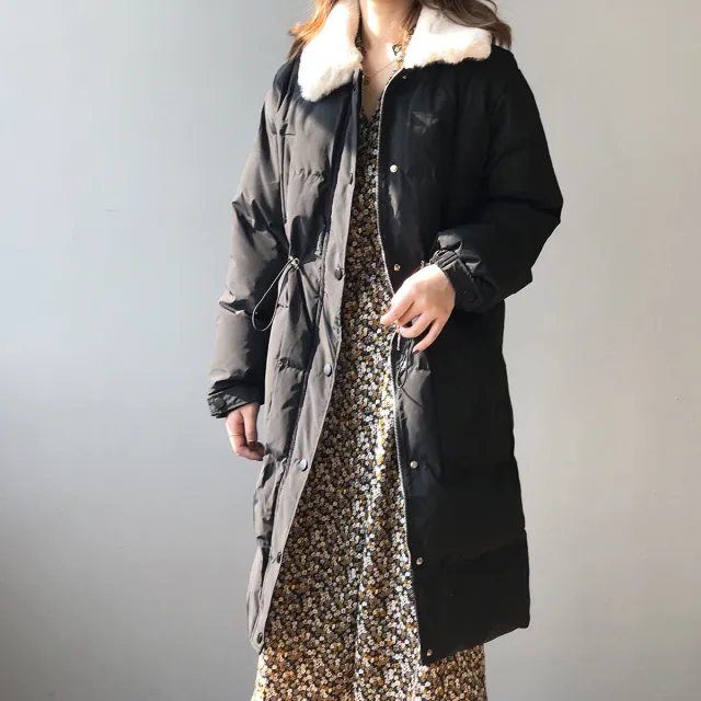 Rabbit Fur Collar Waist Drawstring Long Warm Cotton Jacket Black - Shop at LoveMi