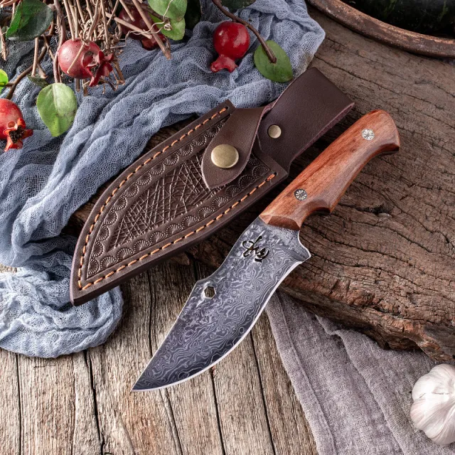 Damascus Steel Knife With Leather Sheath Hand Put Cattle And Sheep Cutting Meat Fruit Knife Outdoor Portable Style A - Shop at LoveMi