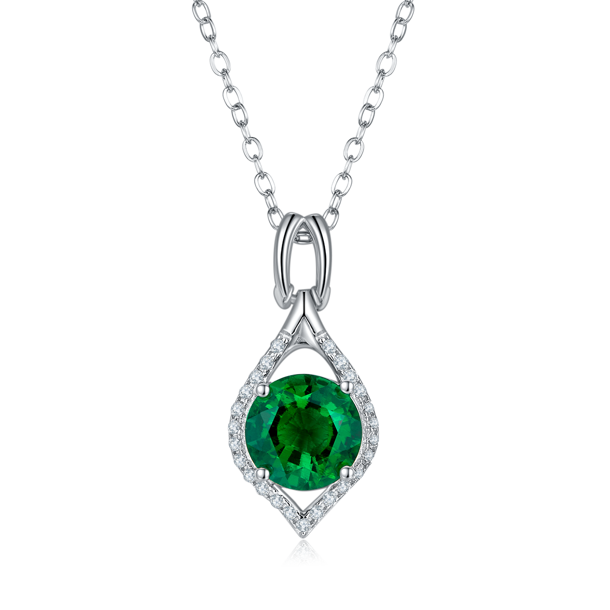 S925 Silver 2.7g Platinum Plated 2.3ct Lab-Created Emerald Necklace, 8mm Halo Pendant, 40&5cm