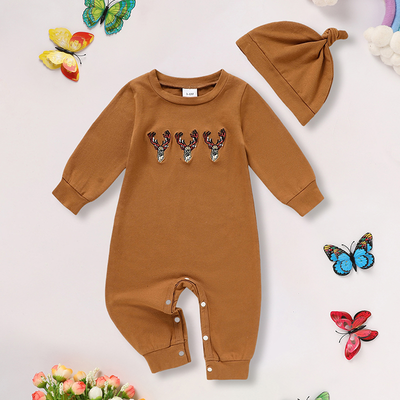 Newborn Baby Boy Outfits Long Sleeve Animal Print Romper & Hat 2Pcs Fall Winter Clothes Set in Brown
