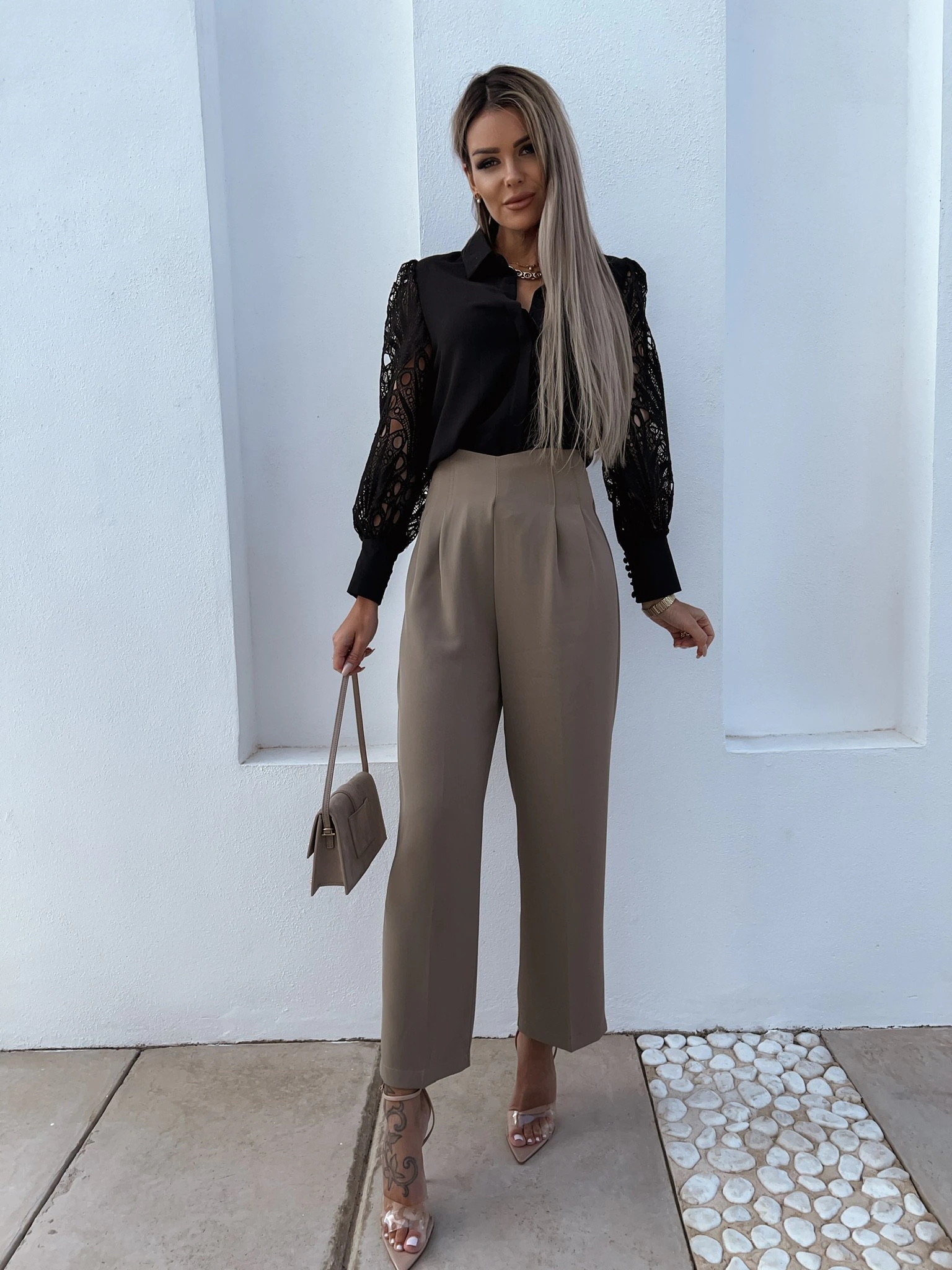 Ladies Solid Color Lace Patchwork Shirt