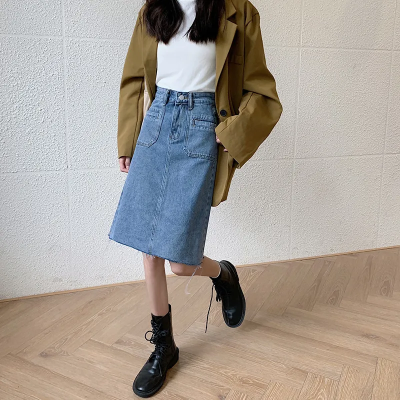 Large Denim Skirt For Women With Versatile High Waist - Blue