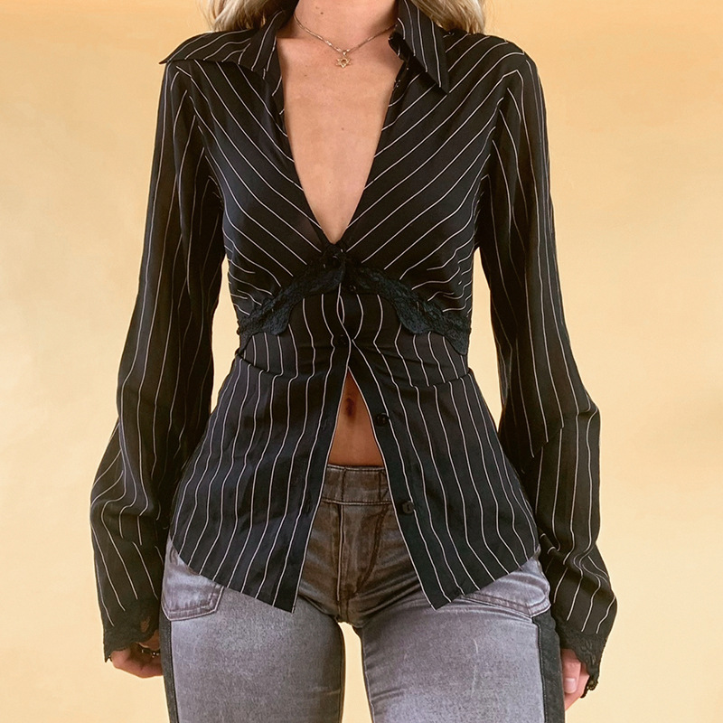 Women's Vintage Striped Lace Panel Shirt