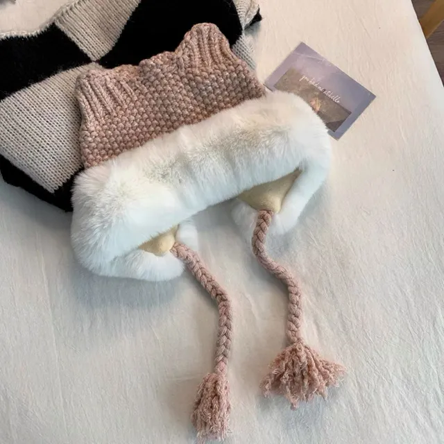 Cute Cat Ears Plush Knitted Hat Pink - Shop at LoveMi