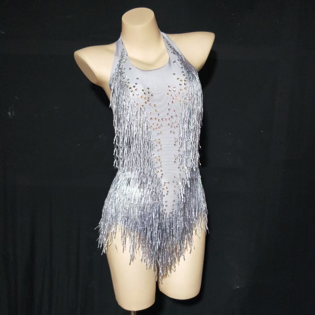 Female Song Catwalk Rhinestone Tassel Mesh Elastic Thin