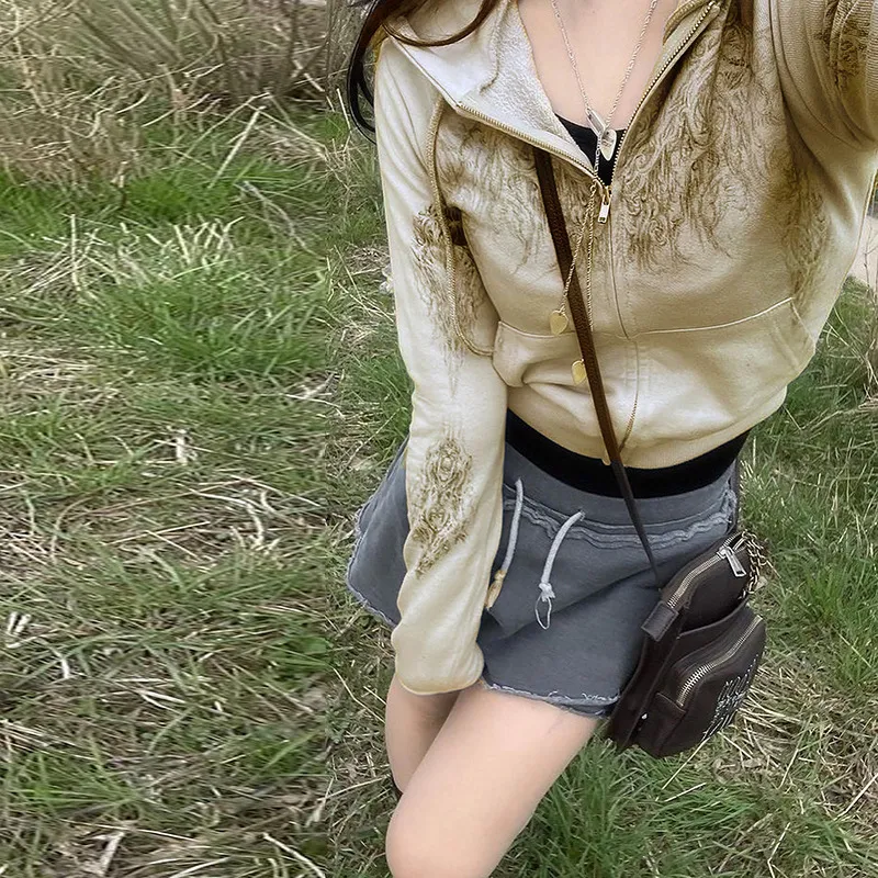 Offset Design Fashion Slim Short Hoodie Women - Champagne-L