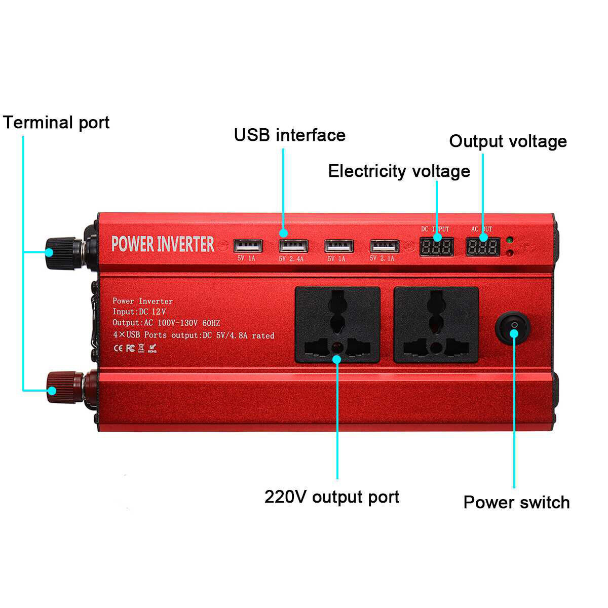 6000W Car Power Inverter Converter DC 12V To AC 240V 4 USB 2 UK Socket Sine Wave 5