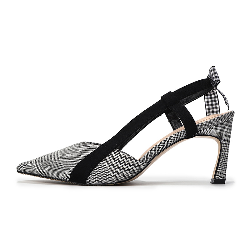 Small Pointed Toe Plaid Fashion High-heeled Sandals Bow Knot Women's Sandals All-match Almond Shoes Women