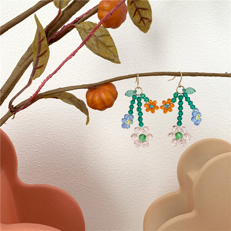 Japanese Exaggerated Beaded Rice Bead Flower Earrings