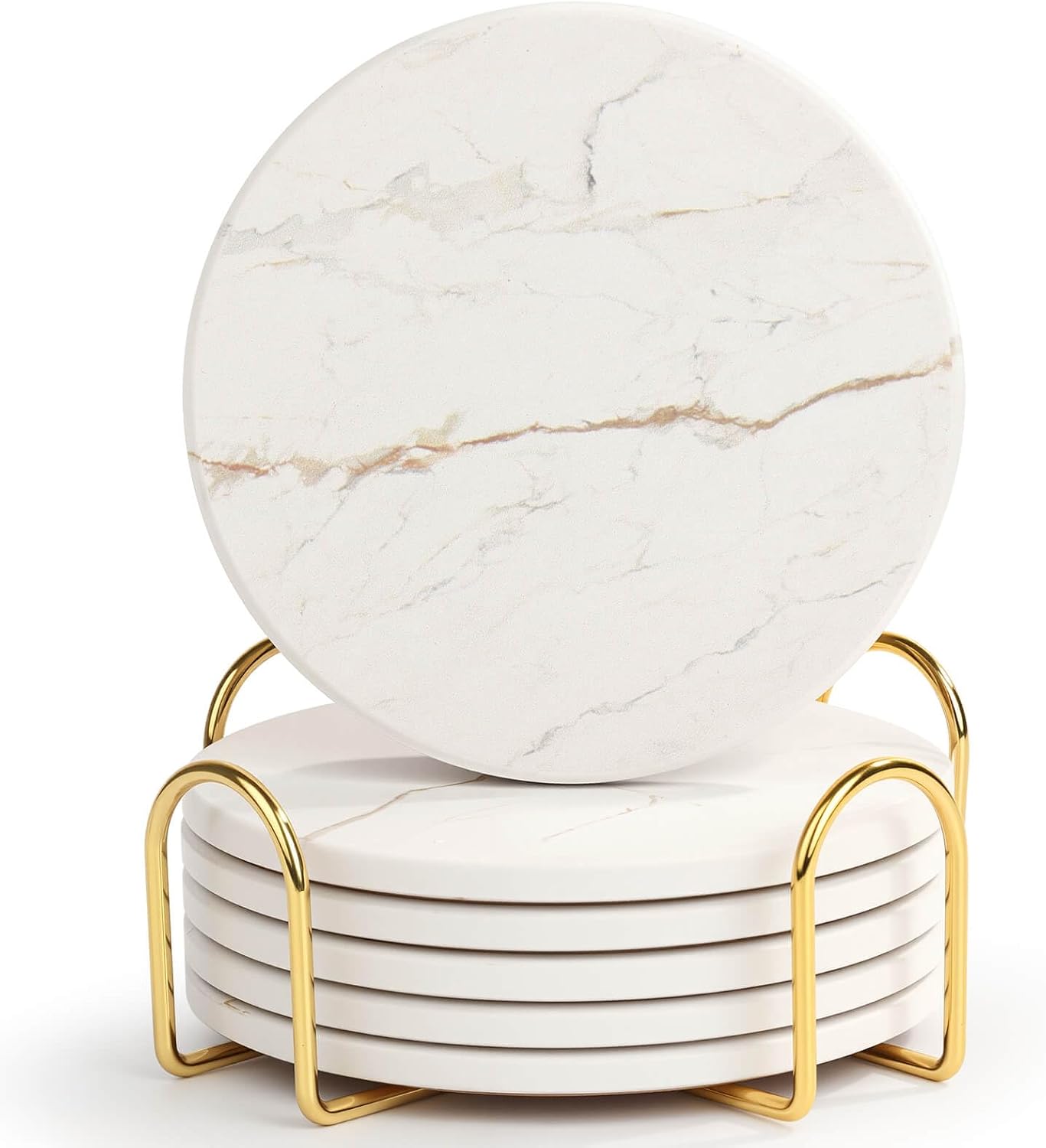 Ceramic Drink Coasters 6 PCS With Holder, 4 Inch White Marble Style Absorbent Coasters For Coffee Table, Cups And Home Decor