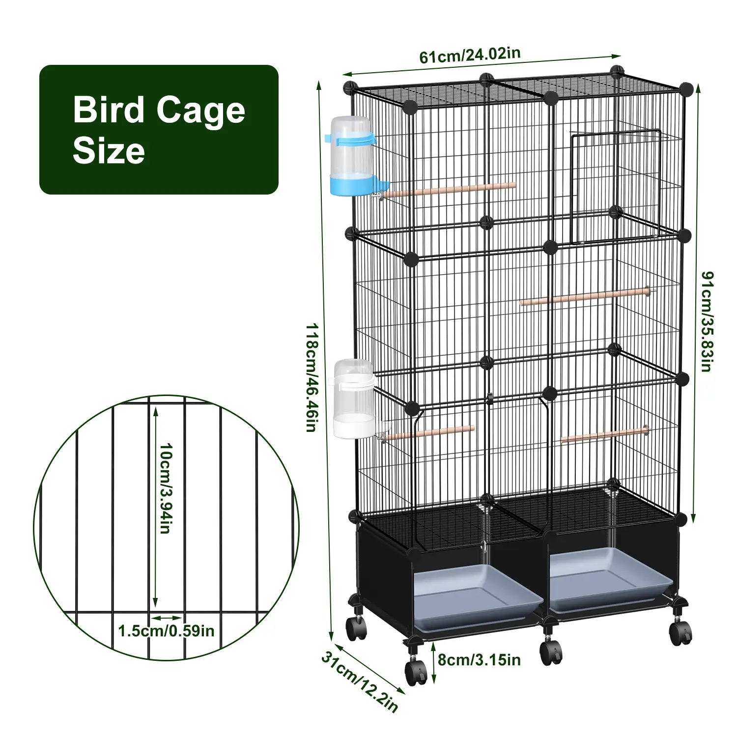 1Pc  46in Bird Cage Spacious Indoor Pet Bird House With 4 Wooden Perches 2 Slide-Out Tray 2 Water Bottle Feeder Lockable Wheels For Parrot Parakeets Cockatiel L