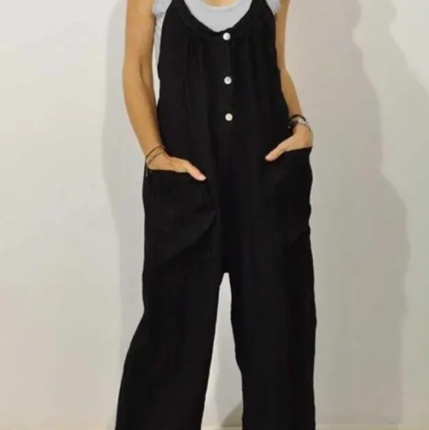 Pocket Solid Color Elastic Button Romper Black - Shop at LoveMi