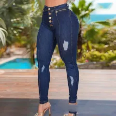 Fashion Women's Wear Button Skinny Jeans - Dark Blue - View 1