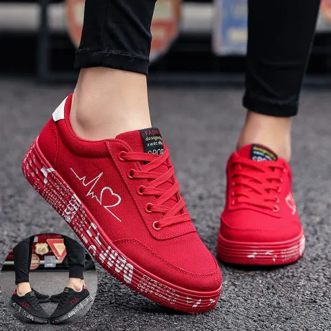 Love Print Canvas Shoes Women Men Flats Lace-up Casual