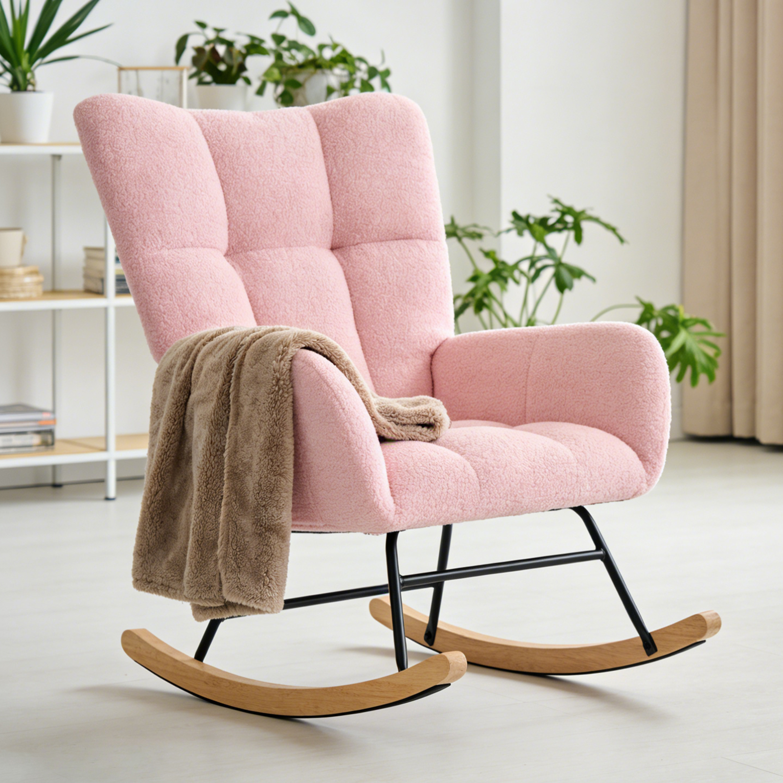 Swing Chair, Made Of Teddy Fabric, Equipped With A High Backrest And A Seat With A Cushion.