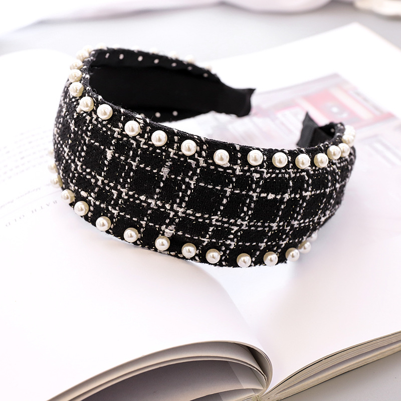 Pearl Headband Classic Ethnic Plaid Fabric
