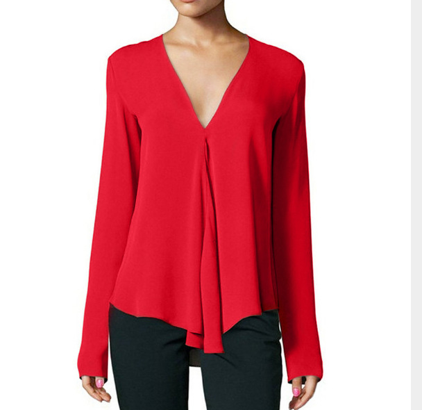 Deep V-neck Long-sleeved Loose Chiffon Shirt Women's Clothing