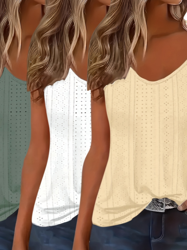3pcs Eyelet Solid Tank Top, Casual Sleeveless Tank Top For Summer, Women's Clothing