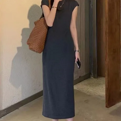 Summer Dress With Simple Shoulder Sleeves Dark Grey - Shop at LoveMi