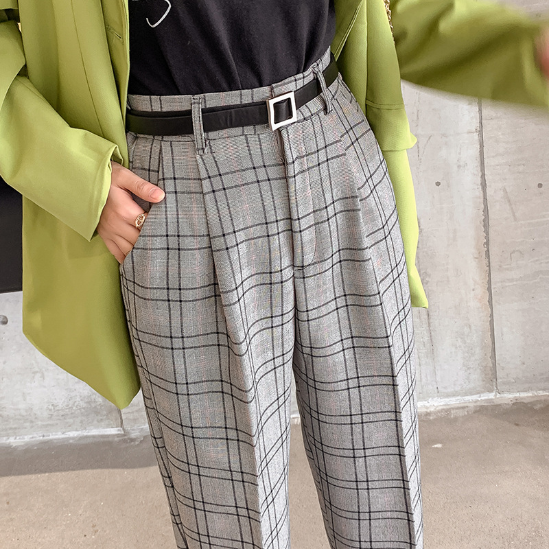Plaid Casual Pants Women Loose British Style Nine Points
