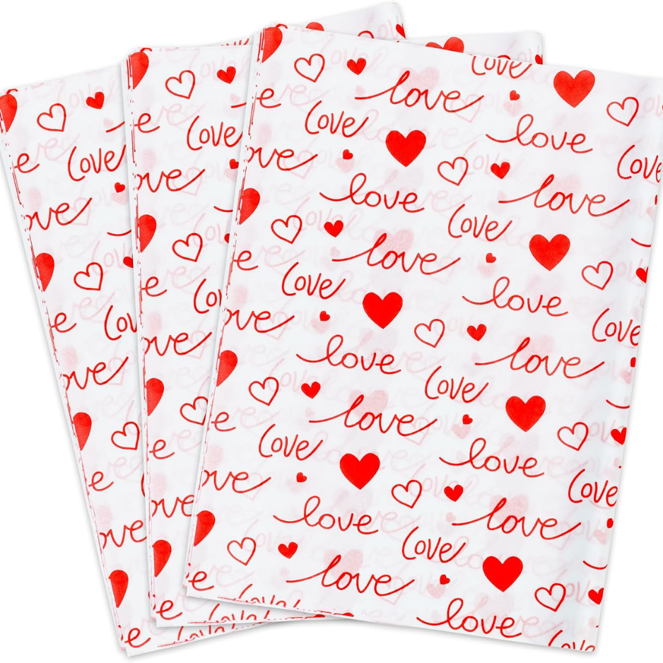 60 Sheets Red Love Tissue Paper Bulk,14 X 20White With Red Love Heart Design Tissue Paper For Gift Bags, Birthday,Valentine's,Mother's Day,Weddings