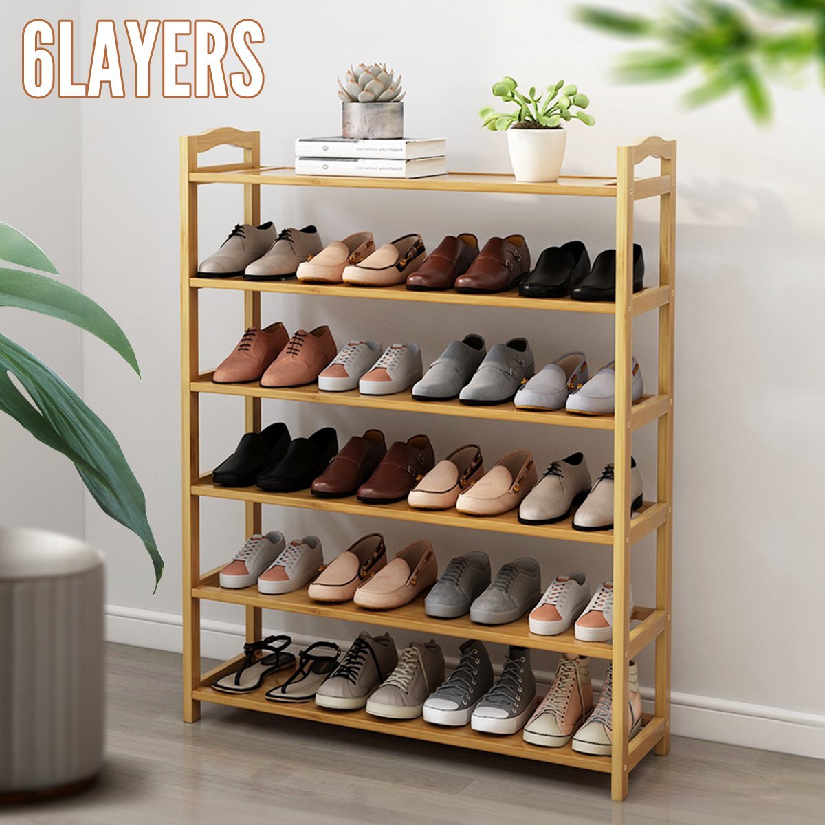 6-Tier Bamboo Shoe Rack - Tall Standing Storage Shelf & Footwear Organizer UK — image 3