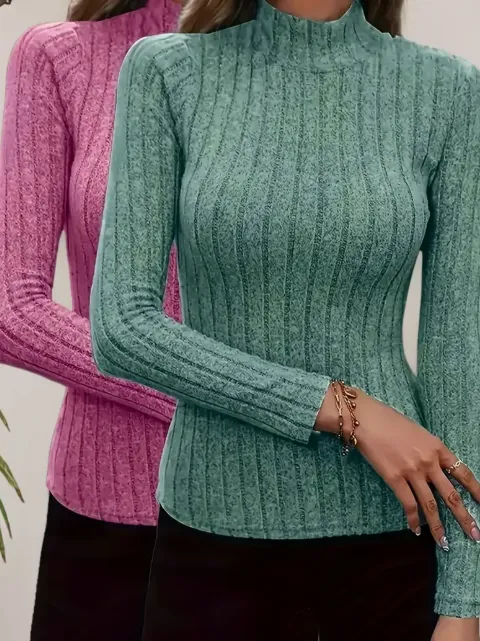 Women'S Elegant High Neck Long Sleeve T Shirts, Polyester Knit Fabric, Solid Color, Regular Length, Long Sleeves, All Season Fashion Top Pink And... Pink And Green - Shop at LoveMi