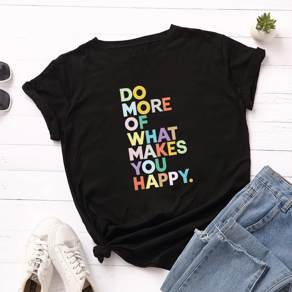 Women's Loose Round Neck Short-sleeved T-shirt With Letters - Black