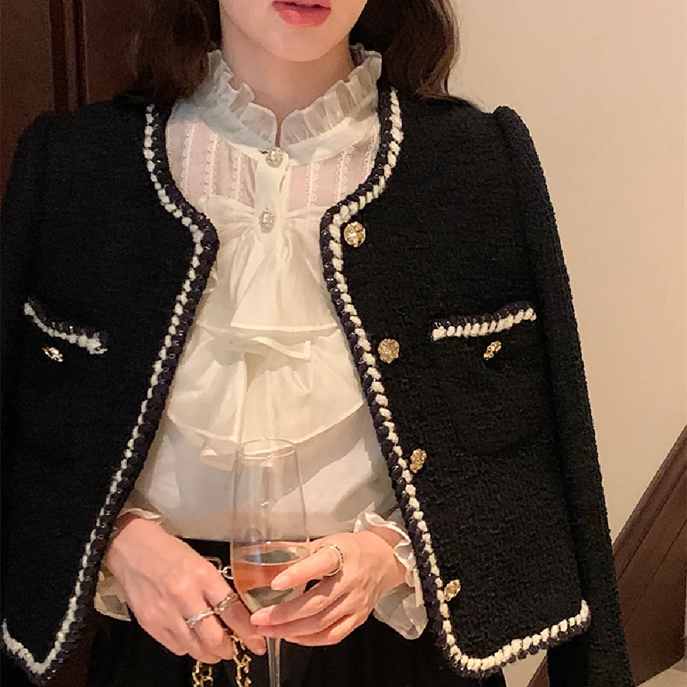 Vintage High-end Style Celebrity Tweed Top Jacket - Black
