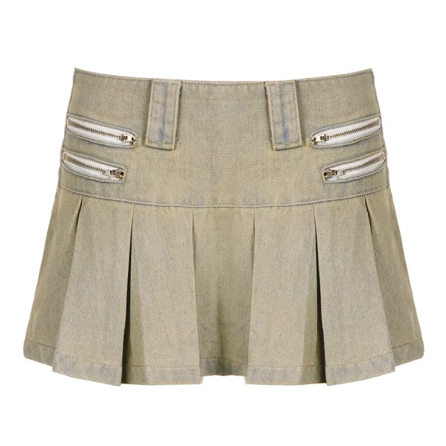 Spice Girl Pleated Women's American Style Made Old Blue Denim Skirt Short Skirt - Shop at LoveMi