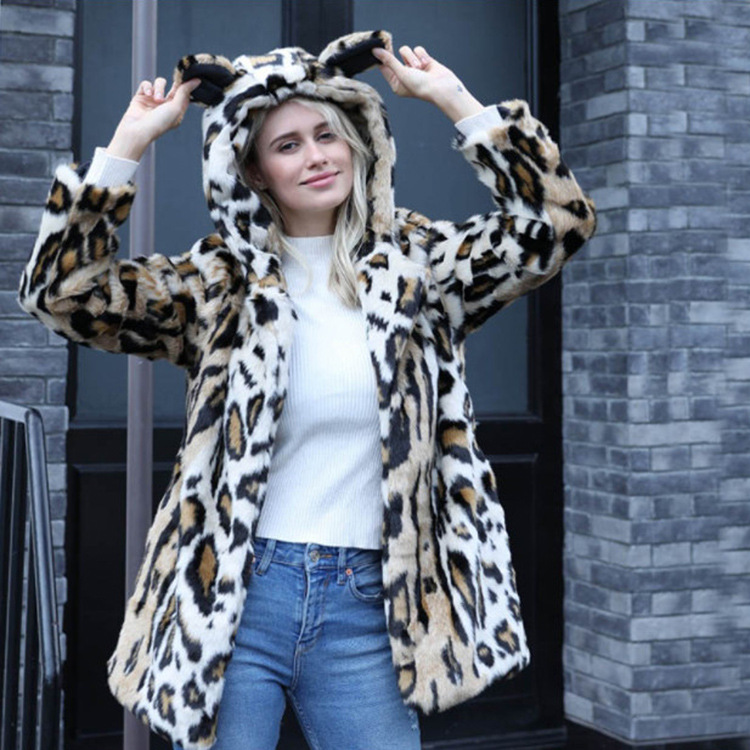 Lady's Fur Coat Leopard Print Hooded  Mink