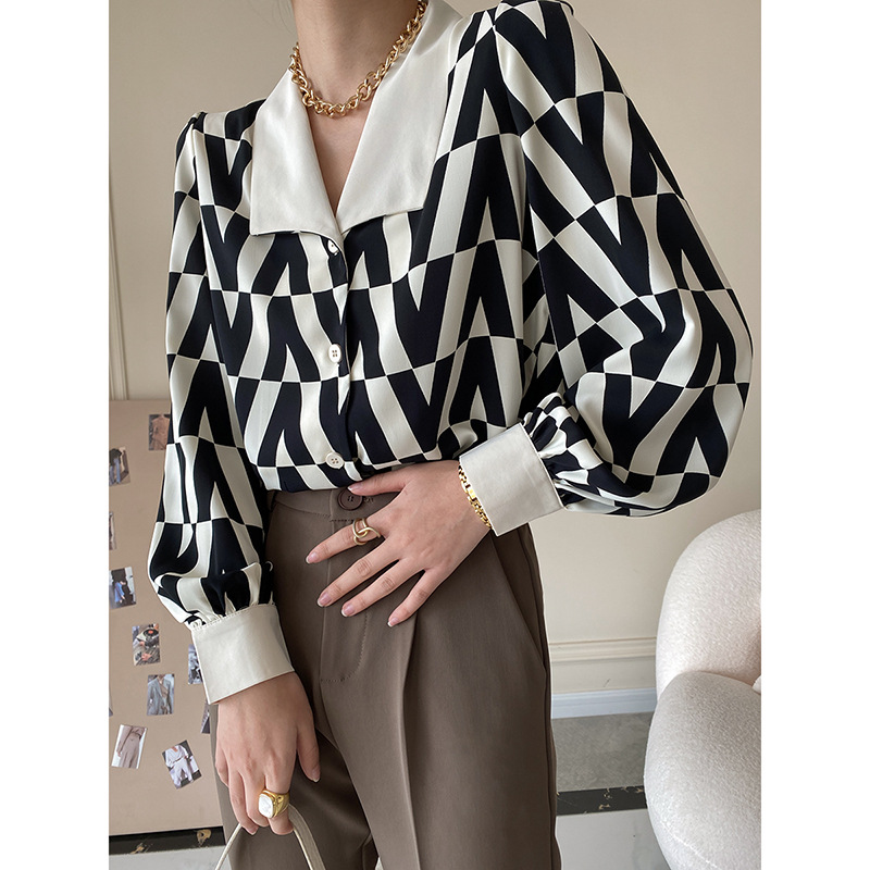 Women's Geometric Print Vintage Layered Lapel Shirt Black - Shop at LoveMi