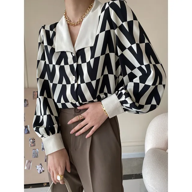 Women's Geometric Print Vintage Layered Lapel Shirt Black - Shop at LoveMi