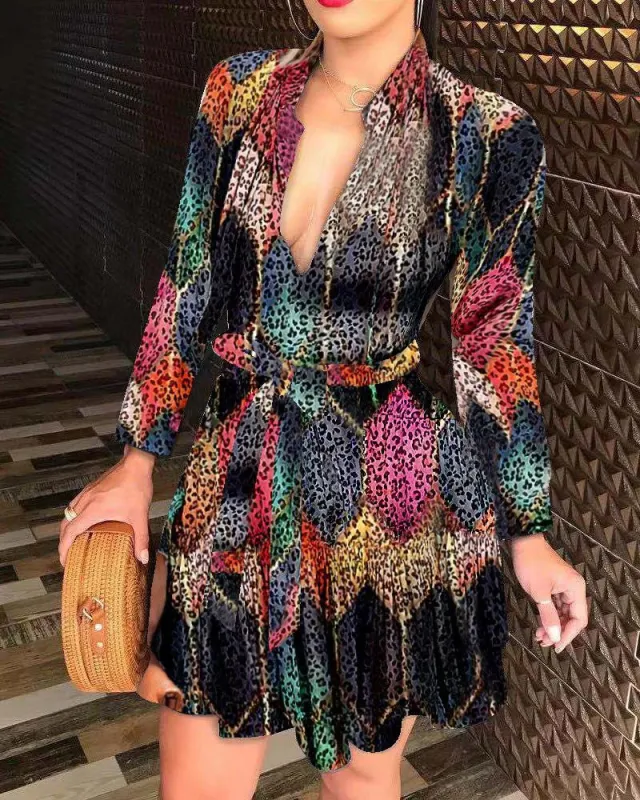 Long Sleeve V neck Strap Fashion Print Dress Leopard Grain - Shop at LoveMi