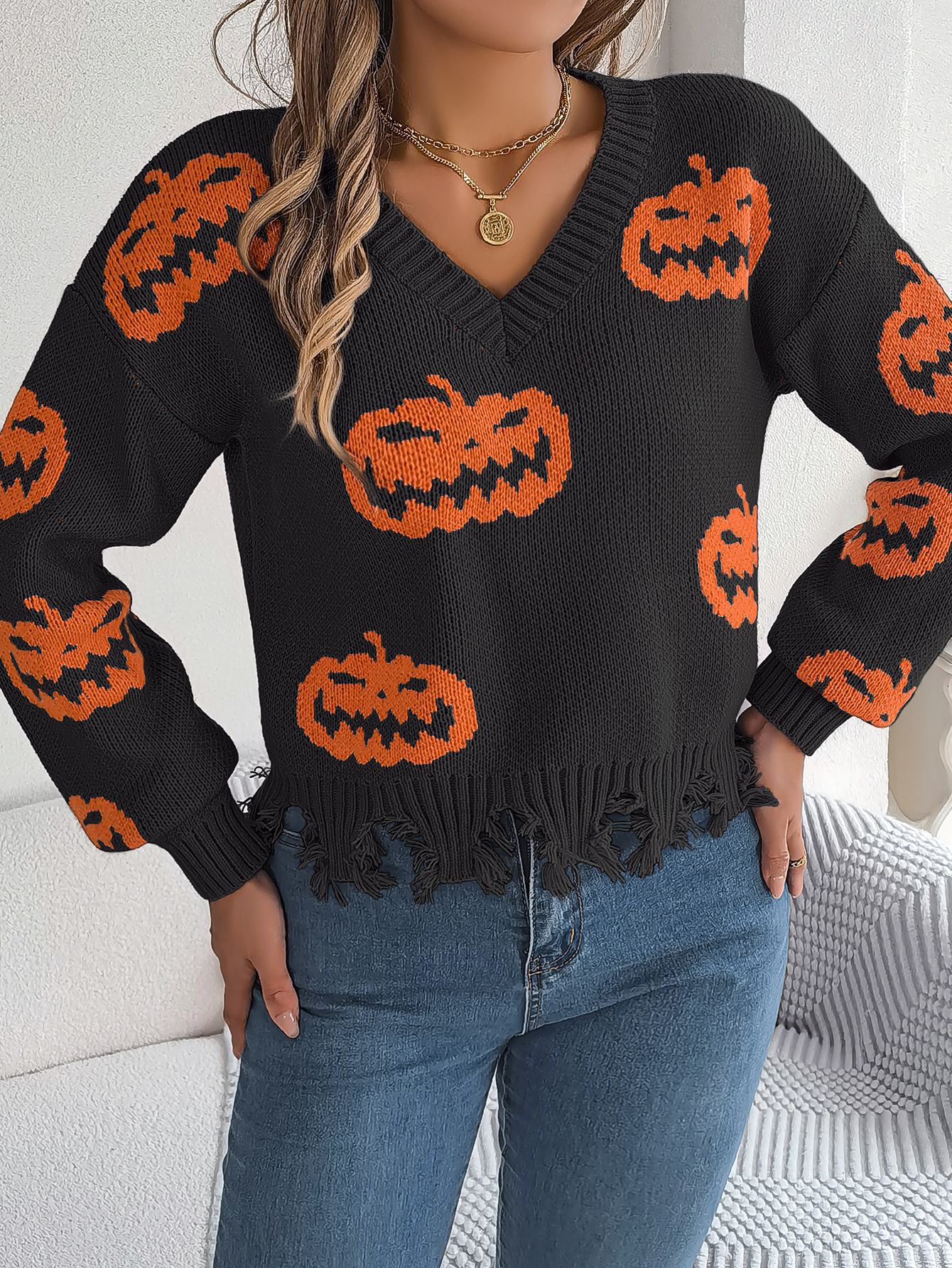 Women Color Block Pumpkin Distressed Long Sleeve Pullover Sweater thumbnail 3
