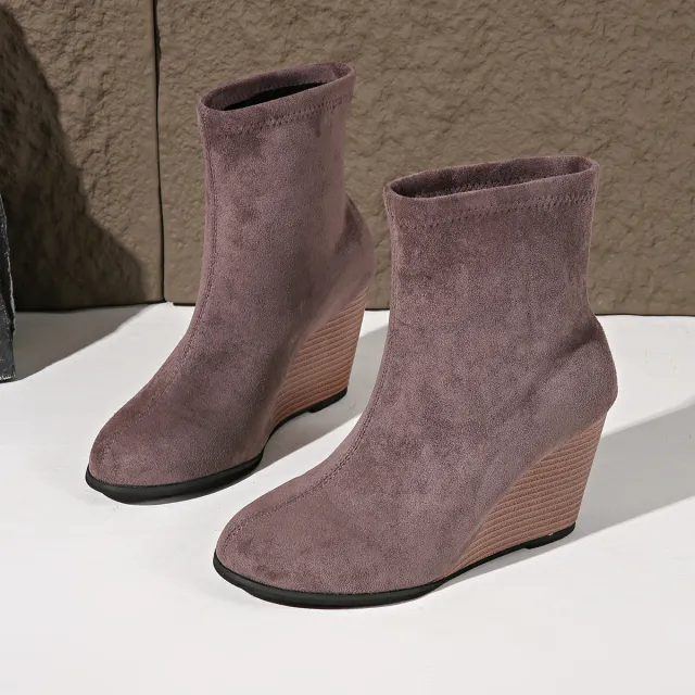 Fashion Thick soled Wedges Boots Winter Suede Height increasing Shoes Warm Solid Ankle Boot Grey - Shop at LoveMi