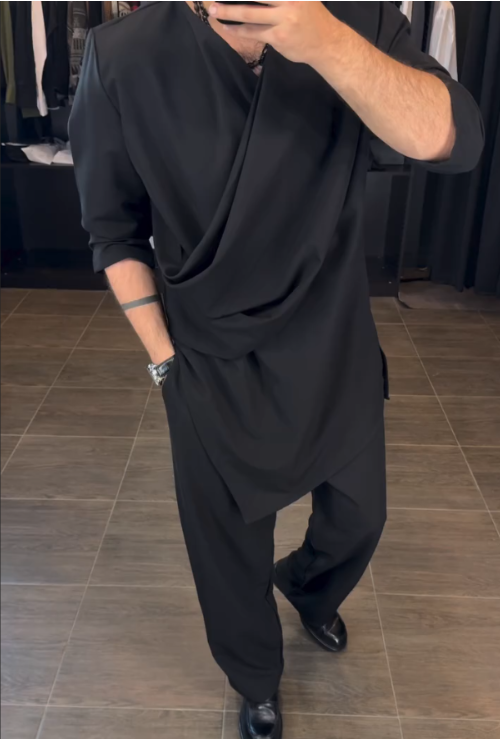 $35.46 Men's Casual Long Sleeve Draped Top High Waist Pants Set-Black