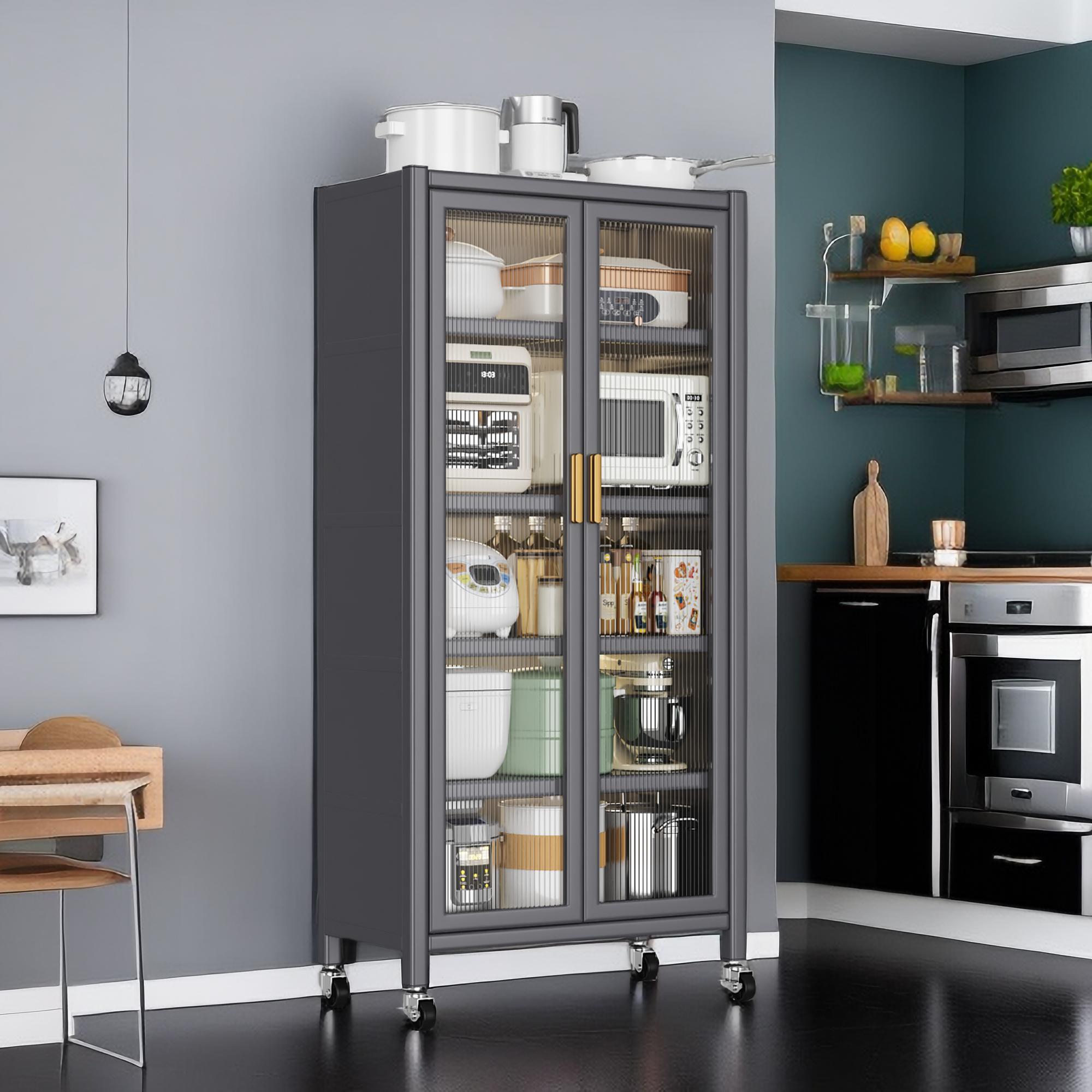 Grey Open Kitchen Storage Cabinet, Floor-to-Ceiling Multilevel Microwave Shelving Unit & Side Cabinet For Bowls, Grey 4