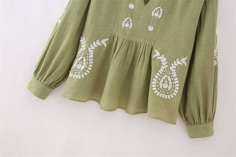 Title 8, Loose V-neck Embroidery Cotton Shirt Women